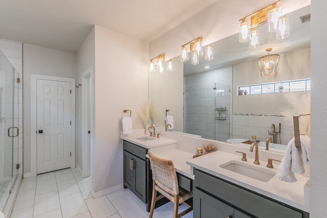 full bathroom featuring a sink, double vanity, and a shower stall