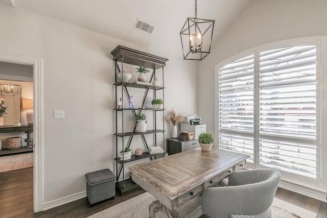 office with a chandelier, visible vents, and a healthy amount of sunlight