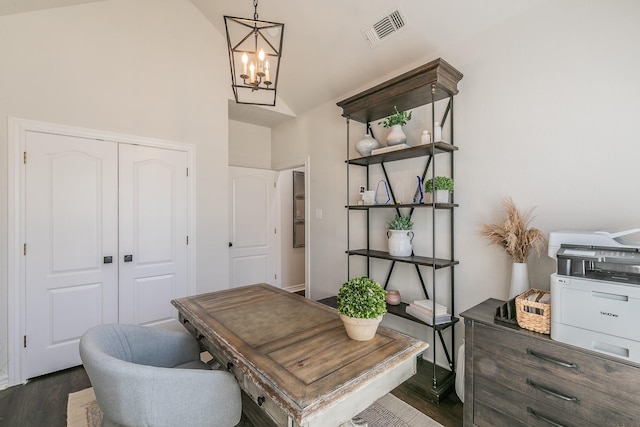 home office featuring visible vents, dark wood-type flooring, and a chandelier