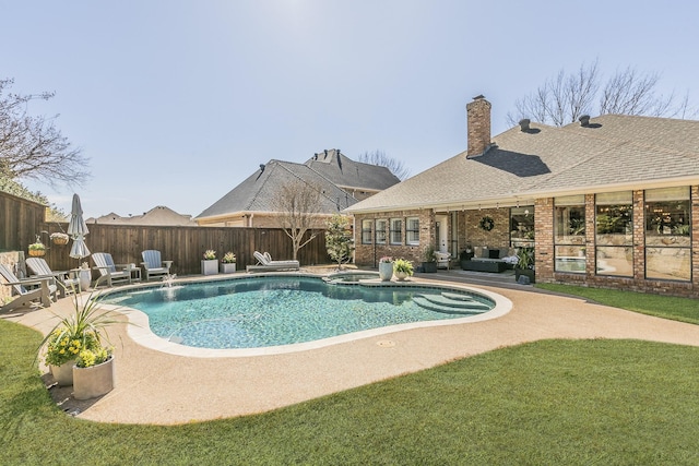 view of pool with a fenced backyard, a fenced in pool, and a patio