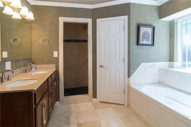8701 Woodstream Dr, Frisco, TX 75034 - bathroom featuring a stall shower, a bath, double vanity, a chandelier, and crown molding