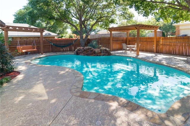 view of swimming pool with a fenced in pool, a fenced backyard, a patio, and a pergola