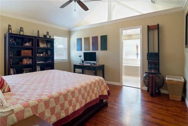 8701 Woodstream Dr, Frisco, TX 75034 - bedroom featuring dark wood-style floors, crown molding, a ceiling fan, vaulted ceiling, and ensuite bath