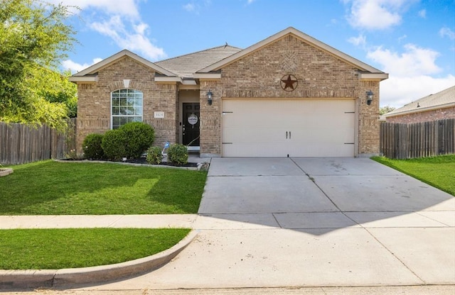 ranch-style house featuring a garage, brick siding, fence, concrete driveway, and a front lawn