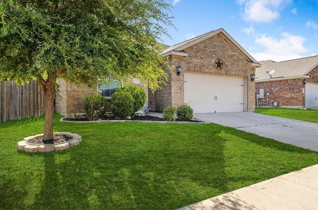 view of front of home featuring driveway, brick siding, an attached garage, fence, and a front yard