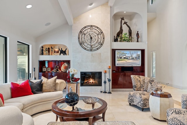 tiled living room featuring a fireplace, high vaulted ceiling, beamed ceiling, and recessed lighting