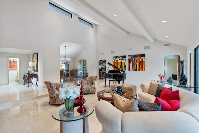 living area featuring arched walkways, high vaulted ceiling, visible vents, beam ceiling, and an inviting chandelier