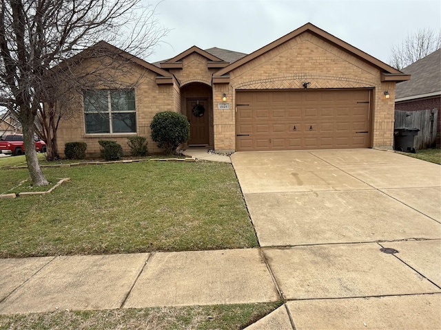 single story home featuring driveway, an attached garage, a front yard, and brick siding