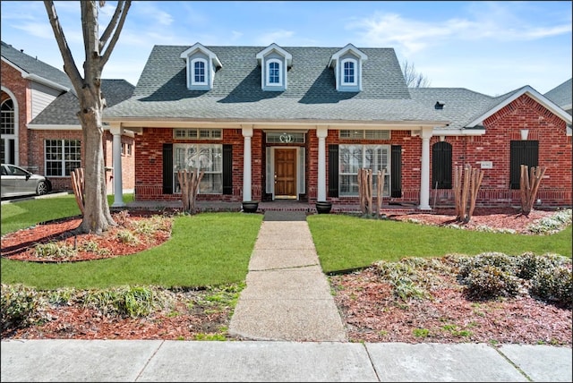 view of front of house featuring brick siding, a front yard, and a shingled roof