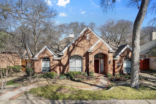 traditional-style home with a shingled roof, a chimney, and brick siding