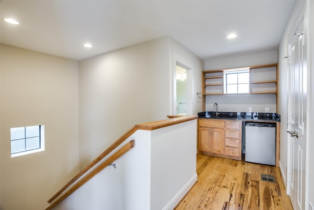 kitchen featuring recessed lighting, light wood-style flooring, open shelves, visible vents, and dishwashing machine