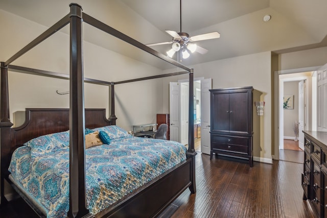 bedroom featuring a ceiling fan, dark wood-style flooring, and baseboards