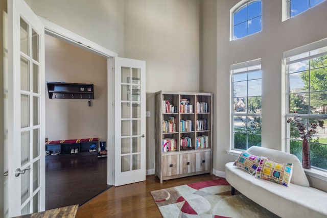 living area featuring a high ceiling, wood finished floors, and french doors