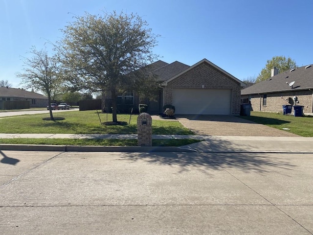 view of front facade featuring an attached garage, brick siding, concrete driveway, and a front yard