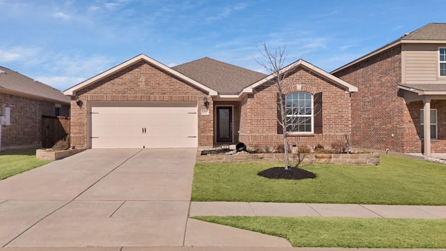 ranch-style home with a garage, concrete driveway, brick siding, and a front lawn