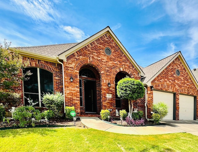 view of front of house featuring a front lawn, brick siding, driveway, and an attached garage