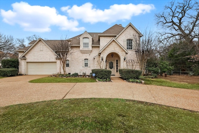 french country style house with an attached garage, brick siding, concrete driveway, roof with shingles, and a front lawn