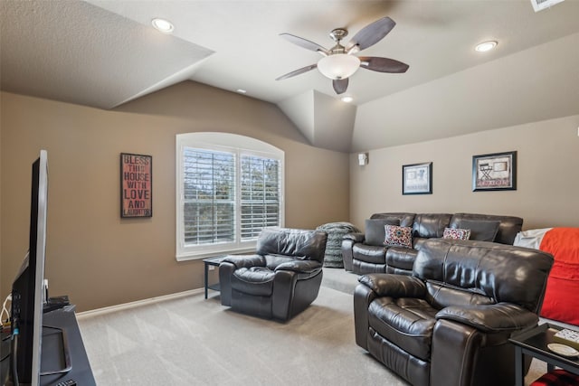 home theater room with recessed lighting, light carpet, a ceiling fan, baseboards, and vaulted ceiling