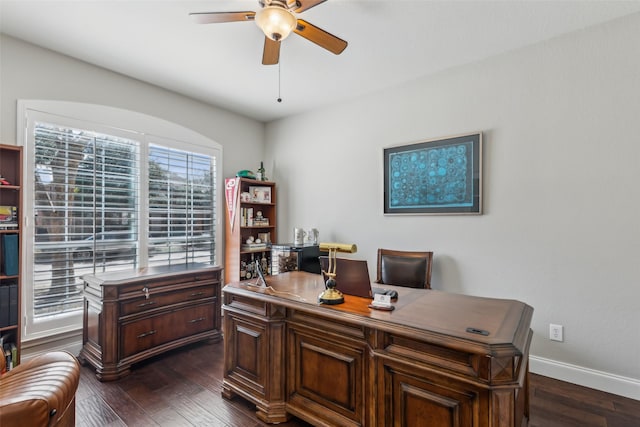 office space featuring dark wood-type flooring, ceiling fan, and baseboards