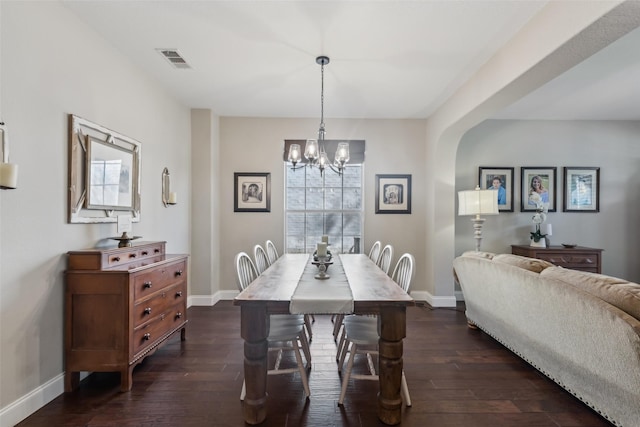 dining room with baseboards, visible vents, and dark wood finished floors