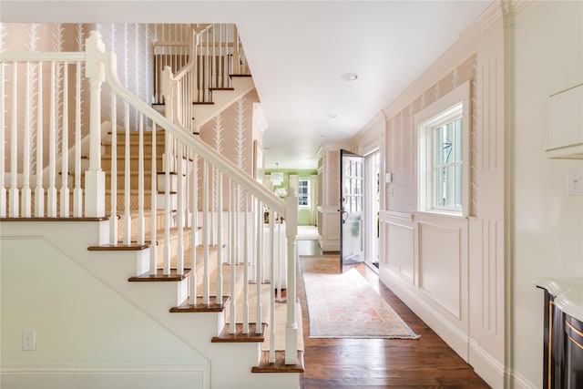 entryway with a wealth of natural light, a decorative wall, and wood finished floors