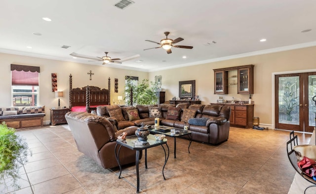 1579 County Road 2008 Unit F, Glen Rose, TX 76043 - living area with light tile patterned floors, visible vents, and ornamental molding