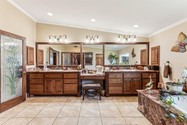 1579 County Road 2008 Unit F, Glen Rose, TX 76043 - bathroom with tile patterned floors, ornamental molding, two vanities, and a sink