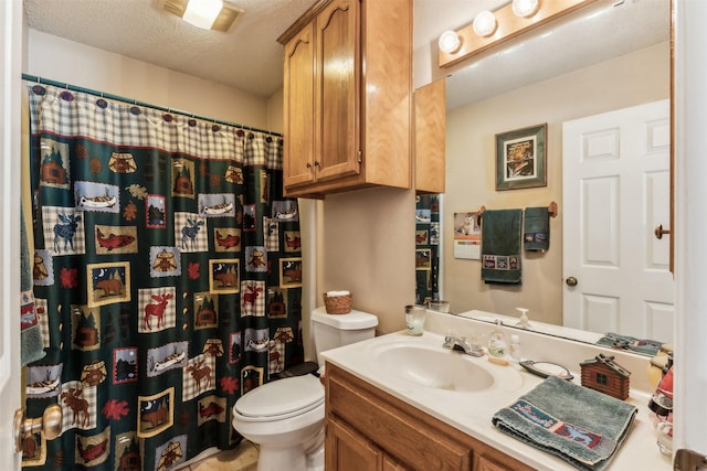 1579 County Road 2008 Unit F, Glen Rose, TX 76043 - bathroom with a textured ceiling, toilet, vanity, and a shower with curtain