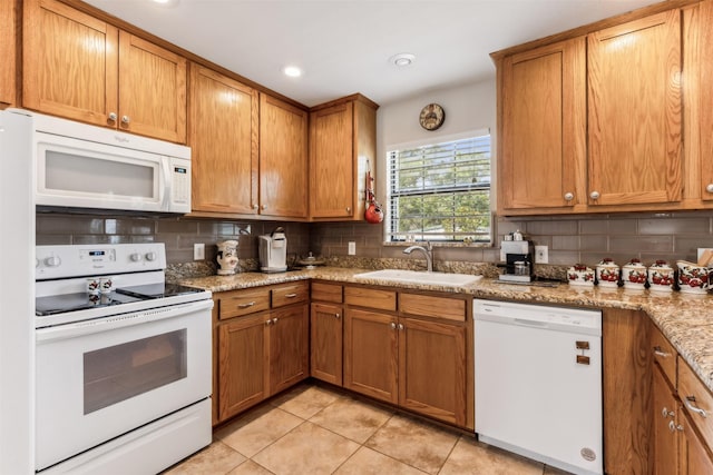1579 County Road 2008 Unit F, Glen Rose, TX 76043 - kitchen featuring a sink, decorative backsplash, white appliances, and brown cabinets