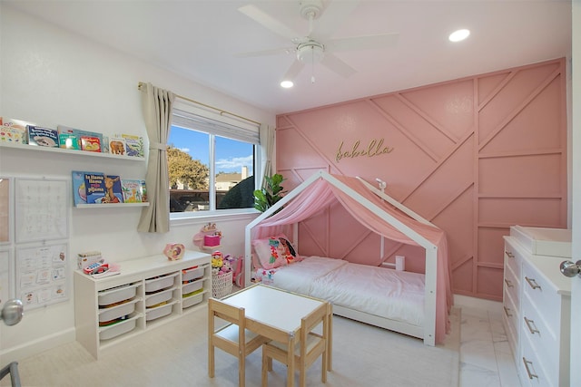 bedroom with a ceiling fan and recessed lighting