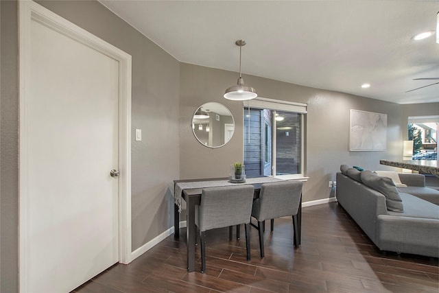 dining space featuring wood finish floors, recessed lighting, a ceiling fan, and baseboards