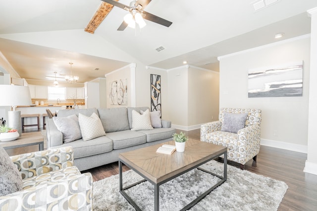 living area featuring dark wood finished floors, visible vents, and vaulted ceiling with beams