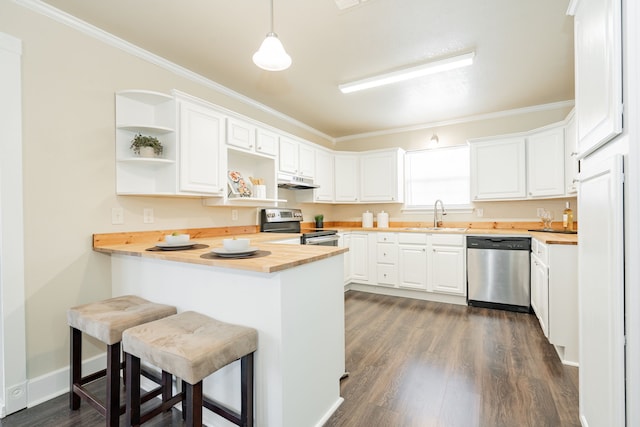 kitchen with under cabinet range hood, stainless steel appliances, a peninsula, wood counters, and open shelves