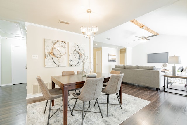 dining room with attic access, dark wood-style flooring, visible vents, and vaulted ceiling with beams