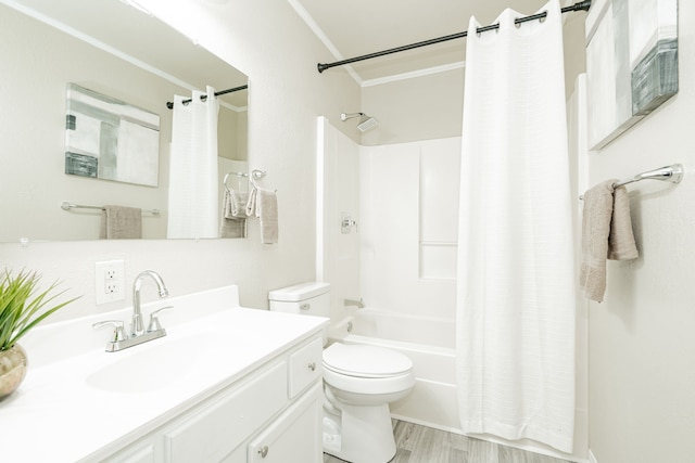 bathroom featuring toilet, shower / tub combo, wood finished floors, vanity, and ornamental molding