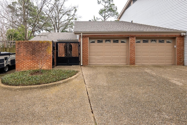 ranch-style house with an attached garage, roof with shingles, concrete driveway, and brick siding