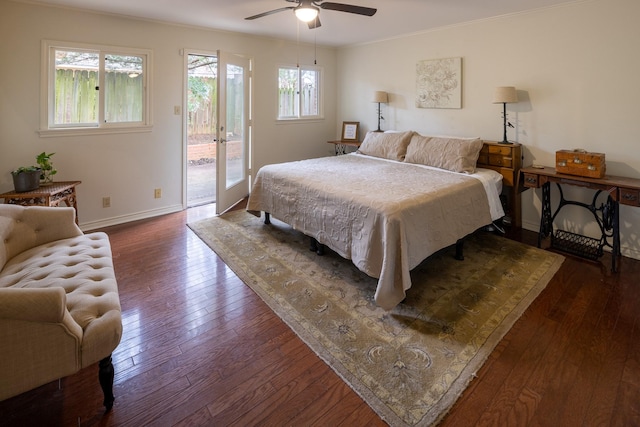 bedroom with baseboards, ceiling fan, dark wood-type flooring, access to exterior, and crown molding