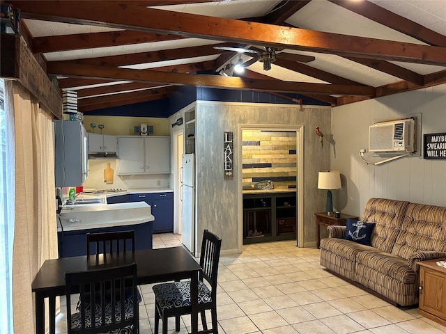 dining room with light tile patterned floors, wooden walls, a ceiling fan, lofted ceiling with beams, and a wall mounted air conditioner