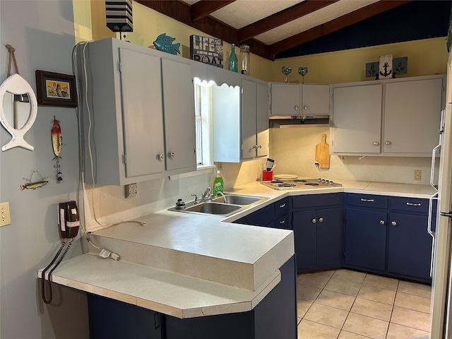 kitchen featuring electric cooktop, blue cabinets, vaulted ceiling with beams, under cabinet range hood, and a sink