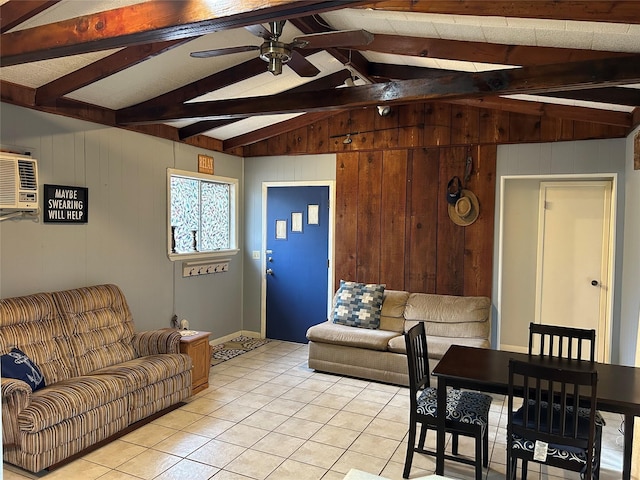 living room with light tile patterned floors, a ceiling fan, and vaulted ceiling with beams