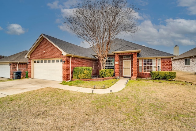 single story home featuring concrete driveway, brick siding, roof with shingles, and a front yard