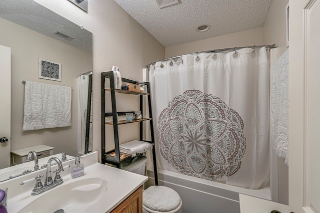 full bath with visible vents, shower / bathtub combination with curtain, toilet, a textured ceiling, and vanity