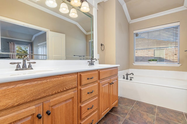 bathroom with ornamental molding, a healthy amount of sunlight, a sink, and double vanity