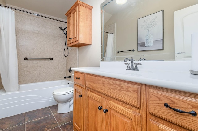 full bathroom featuring toilet, shower / tub combo, tile patterned flooring, and vanity