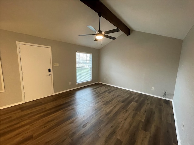 spare room featuring dark wood-style flooring, ceiling fan, lofted ceiling with beams, and baseboards