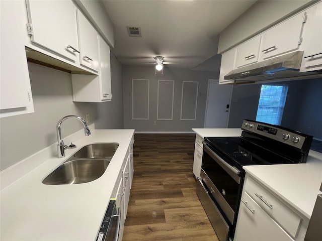 kitchen featuring stainless steel appliances, white cabinets, a sink, and under cabinet range hood