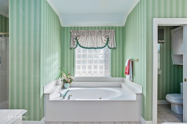 bathroom featuring tile patterned flooring, a garden tub, toilet, a shower with curtain, and wallpapered walls