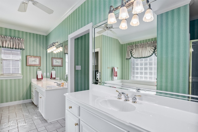 bathroom with wallpapered walls, crown molding, a ceiling fan, and a sink