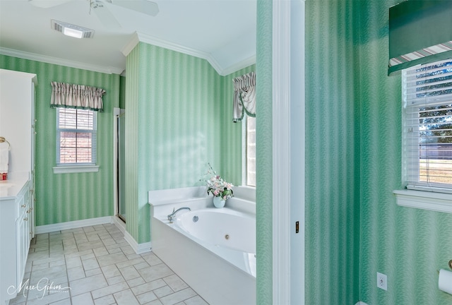 full bath featuring visible vents, ornamental molding, a bath, a stall shower, and wallpapered walls