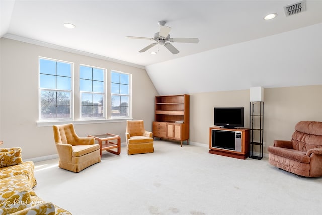 101 Chesterton Ct, Bossier City, LA 71111 - carpeted living area featuring baseboards, recessed lighting, ceiling fan, and vaulted ceiling